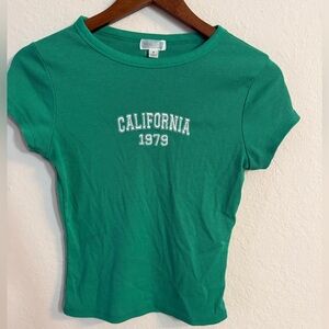 Orange Kiss Green Ribbed Baby Tee with California 1979 Embroidered Print